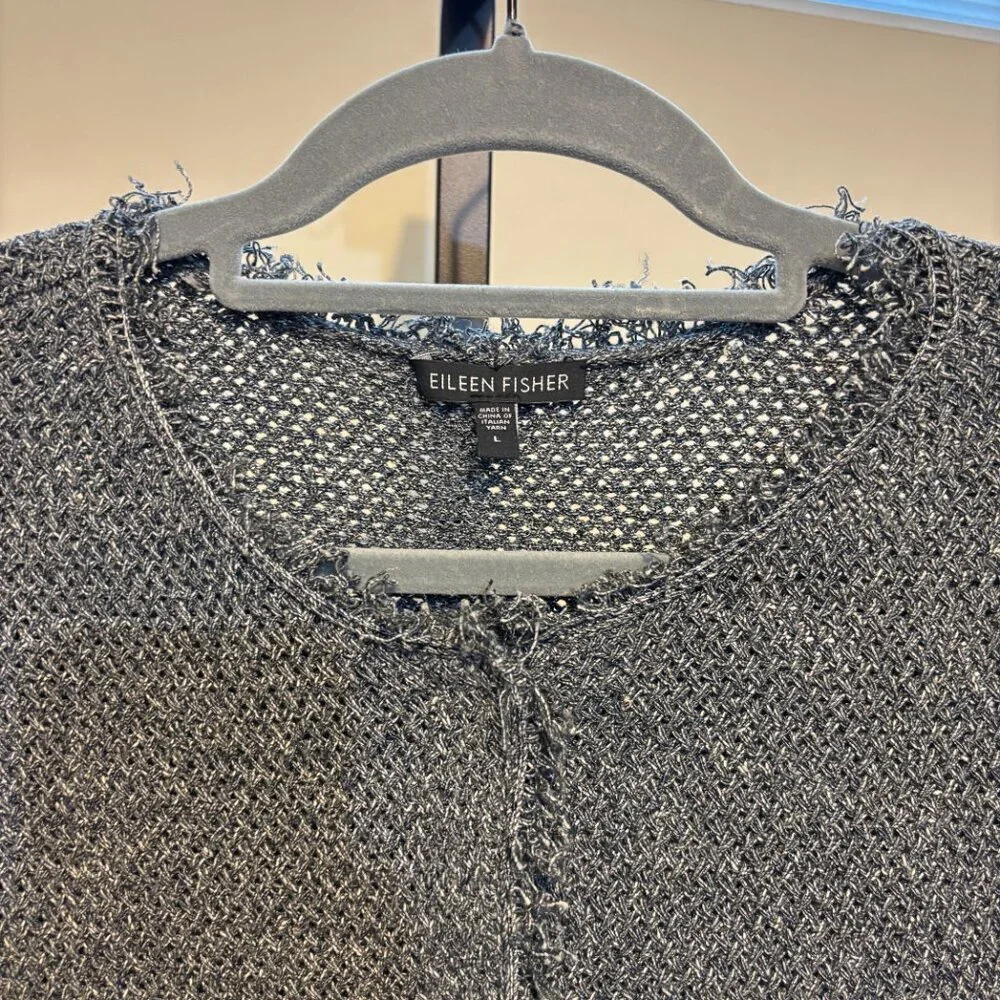 Eileen Fisher Linen Cotton Knit Snap Front Long Sleeve Fringe Cardigan Gray - Picture 3 of 8